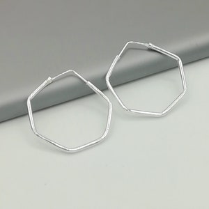 Silver hoop earrings | Silver jewelry | Minimalist hoops | Silver accessories | Hexagon hoops | Silver ear hoops | EF