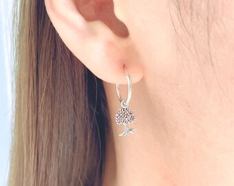Silver tree of life charm hoops | Sterling silver hoop earrings | 12mm ear hoops | Wanderlust charm | Bohemian jewelry | E347