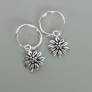 Silver sunflower charm hoop | Sterling silver ear hoops | Sun Flower hoops | 12 mm hoop earrings | Bohemian jewelry | Gift for her | E393