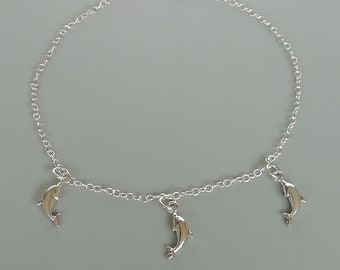 Bracelet Ou Chaîne De Cheville - Maille Jaseron Avec Breloques Poissons En Argent - Occasion - Bijou Fantaisie