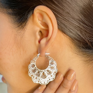 Sterling silver large filigree hoops | Indian hoops | Bohemian hoops | Silver jewelry | Silver ear hoops | Gift earrings | E849