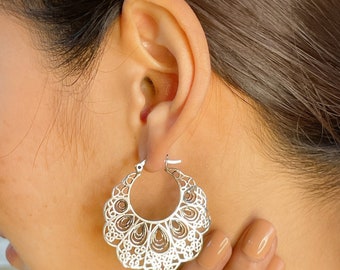 Sterling silver large filigree hoops | Indian hoops | Bohemian hoops | Silver jewelry | Silver ear hoops | Gift earrings | E849