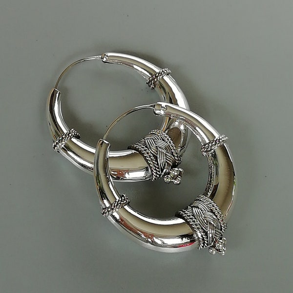 Sterling silver Tibetan hoops | 35 mm chunky silver hoops |  Ethnic silver hoops | Bohemian hoops | Silver jewelry | Gift for her | ESTNN