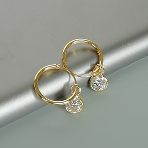 Gold plated CZ charm hoops | Sterling silver charm earrings | 12mm hoops | Elegant crystal earrings | Minimalist hoops | E822