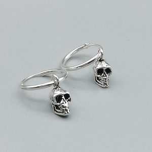 Sterling silver skull charm hoops | Charm hoop earrings | Skull earrings | 12mm ear hoops | Halloween jewelry | Boho hoops |E358