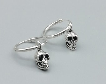 Sterling silver skull charm hoops | Charm hoop earrings | Skull earrings | 12mm ear hoops | Halloween jewelry | Boho hoops |E358