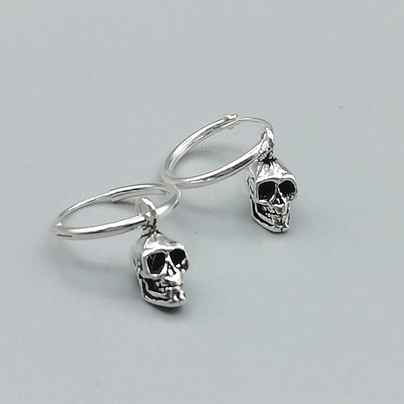 Sterling silver skull charm hoops | Charm hoop earrings | Skull earrings | 12mm ear hoops | Halloween jewelry | Boho hoops |E358