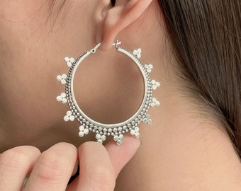 Sterling silver ethnic hoops | Indian hoops | Large and chunky |  Bohemian hoops | Silver jewelry | Silver ear hoops | Gift earrings | E967
