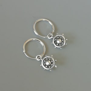 Sterling silver ship wheel charm hoops | Nautical charm hoop earrings | 12mm ear hoops | Boho jewelry | Detachable charm | E512
