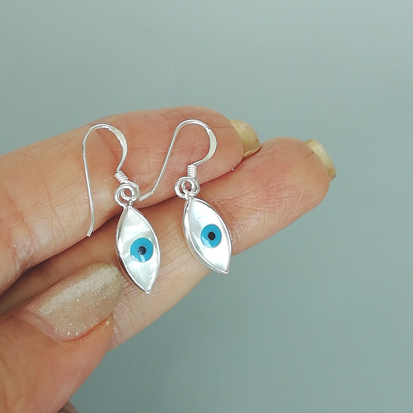 Silver and Blue Brass Metal Evil eye Danglers