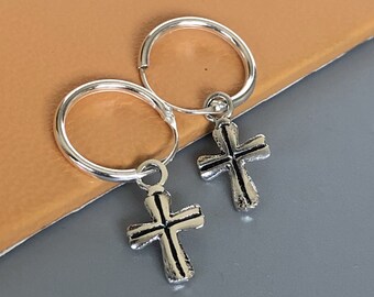 Cross charm hoop | Sterling silver 12 mm hoop earrings | Religious charm hoops | Bohemian jewelry | Charm hoops | Silver ear hoops | E885