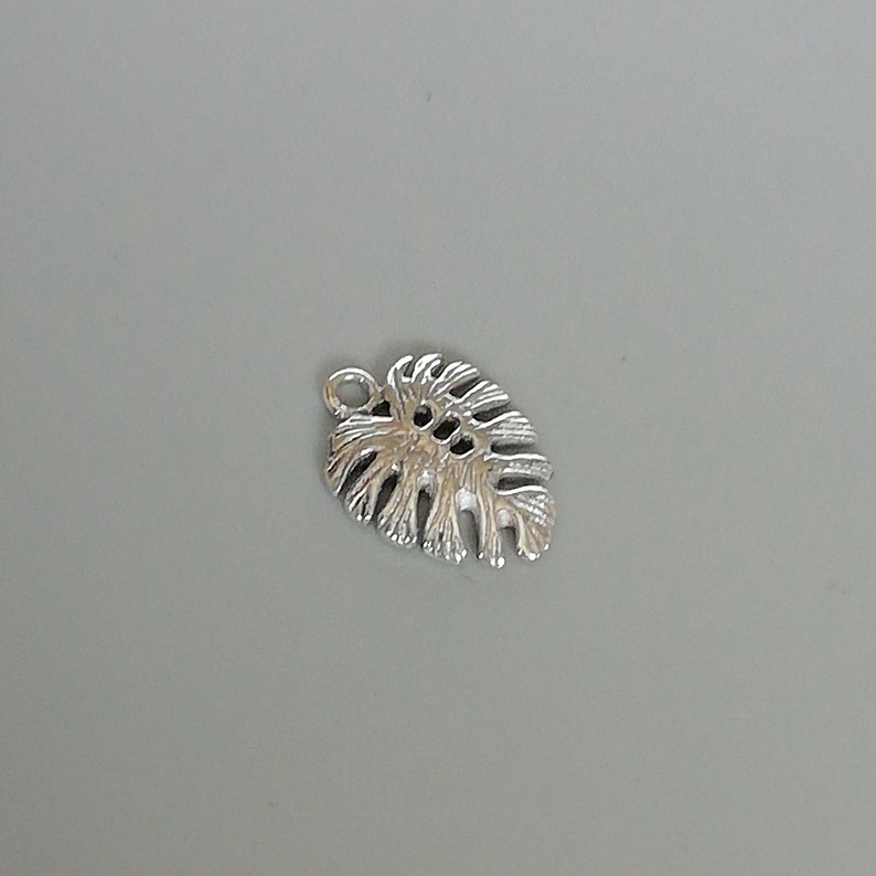 May include: Silver charm in the shape of a monstera leaf. The leaf has a detailed design with cutouts.