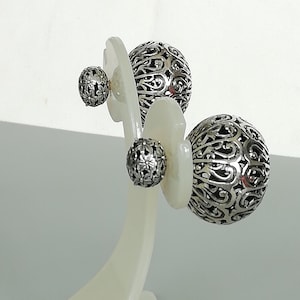 Dubbelzijdige sterlingzilveren bolstekers | Indiase oorbellen voor en achter | Chunky statement-oorbellen | Filigraan zilveren sieraden | E913