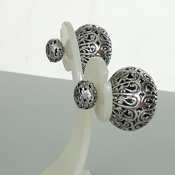 Clous d'oreilles boules en argent sterling double face | Boucles d'oreilles indiennes devant et dos | Grosses boucles d'oreilles tendance | Bijoux en argent en filigrane | ELSF