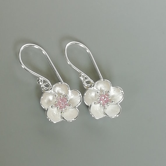 Flower Earrings with Pink Crystal Center Sterling Silver Flower Earrings with Pink Crystal Center Sterling Silver