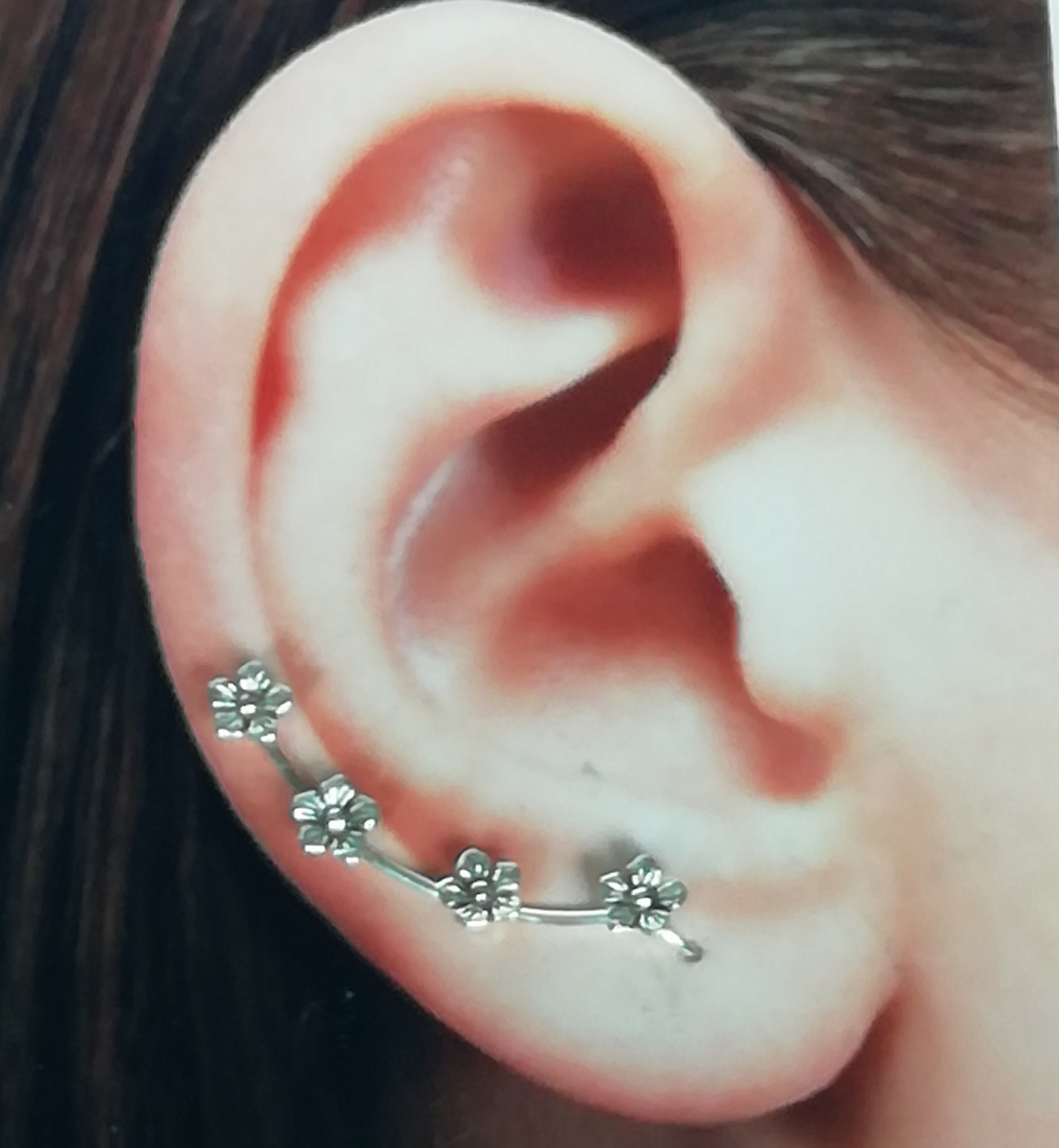 Silver flower ear climber Flower earrings Silver ear | Etsy