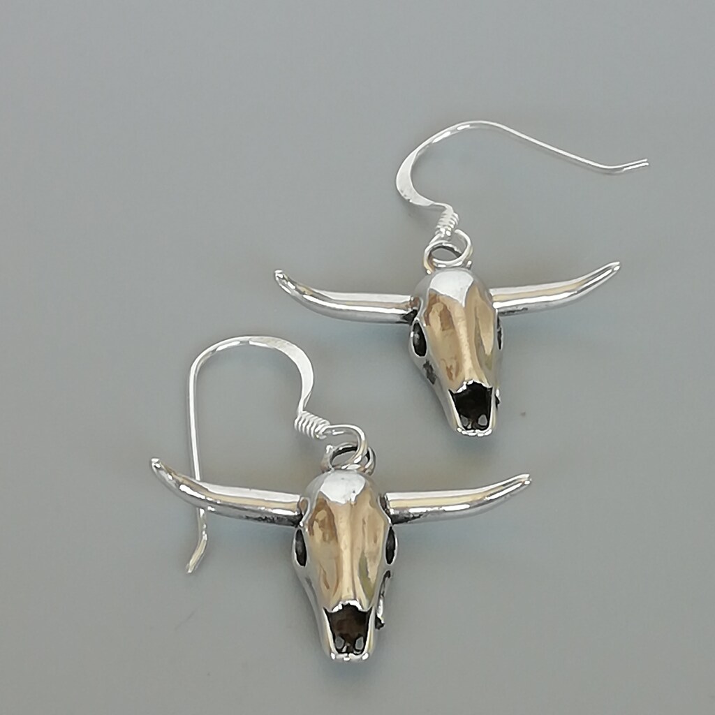 Orecchini Teschio Di Mucca In Argento 925 Con Turchese - Gioiello Western Ipoallergenico