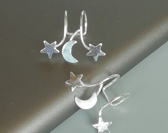 Celestial-zilveren oormanchet | Oormanchet sterren en maan | Zilveren oormanchet zonder piercing | Cadeaus voor haar | Boho-oormanchet | E521