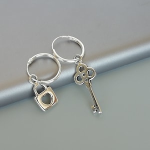 Sterling silver lock and key charm hoops | Silver charm hoop earrings | 12mm ear hoops | Boho jewelry | Detachable charm | E577