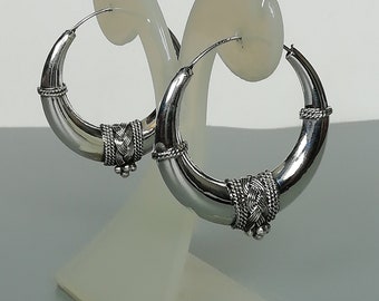 Large Tibetan 40mm sterling silver hoops | Thick hoops | Bohemian jewelry | Ethnic earrings | Silver jewelry | Gift ear hoops | EALF