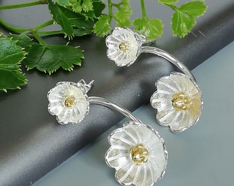 Sterling silver flower ear jacket | Double side butter cup flower earring | Front back studs | Bohemian earrings | Cute gifts | ESTNL