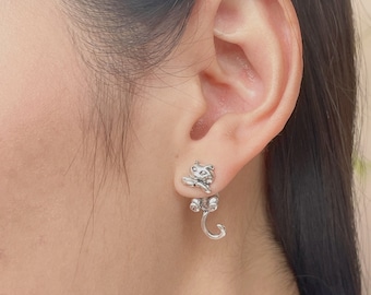 Pendientes de plata de ley con orejas de gato / Joyería bohemia de animales / Pendientes de doble cara / E940