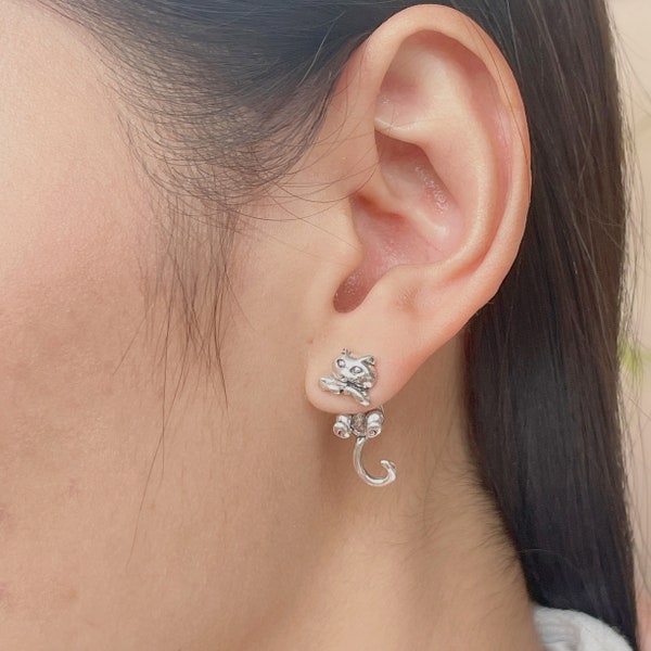 Sterling silver cat ear jacket | Double side cat ear cuff | Front back studs | Bohemian earrings | Cute gifts | Pet animal earrings | ELAT