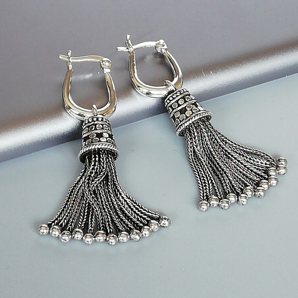 Sterling silver tassel earrings  | Oxidized silver strands ear danglers | Pretty gift earrings | Gypsy earrings |  925 Silver | ERBN