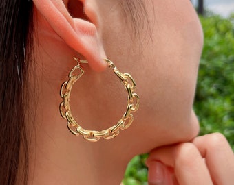 Chunky gold hoops | Anchor link hoops  Sterling silver gold dipped hoops | Ear hoops | Wedding  jewelry | Dramatic hoops | ELLL