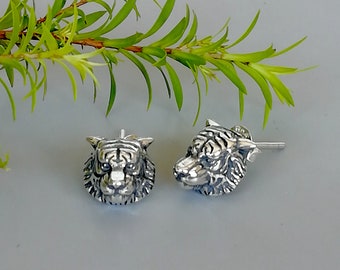 Tiger head ear studs |  Tiger earrings | Ear studs | Animal earrings | Silver jewelry | Sterling silver | Animal lovers gift  studs | ESTIR