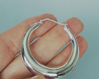 Sterling Silver Crescent Hoop Earrings | Chunky Minimalist Hoops, 44mm | Broad Statement Hoops | E1167