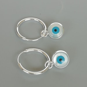 Evil eye charm hoop | Sterling silver 15mm hoop earrings | Good luck charm hoops | Bohemian jewelry | Charm hoops | Silver ear hoops | E691