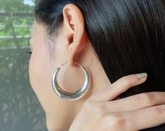 Sterling Silver Chunky Hoop Earrings | 40mm Crescent Hoops | Minimalist Simple Broad Hoops | E972