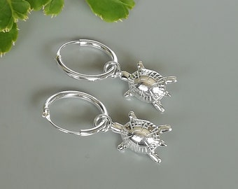 Sterling silver turtle charm hoops | Charm hoop earrings | Turtle earrings | 14mm ear hoops | Sea lovers jewelry  | Bohemian jewelry |ECFR