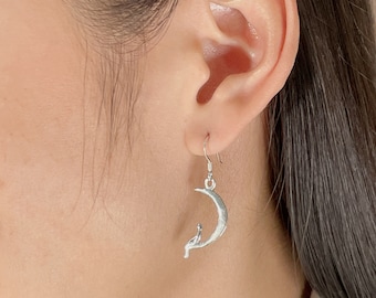 Man on moon silver earrings  | Crescent moon and man ear danglers | Bohemian jewelry | Fun gifts | 925 Silver jewelry | E598