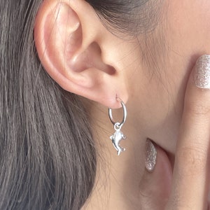Sterling silver dolphin charm hoops | Charm hoop earrings | Dolphin earrings | 14mm ear hoops | Sea lovers jewelry  | Boho jewelry | ECAS