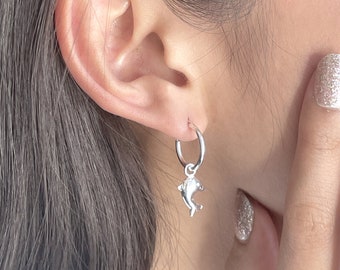 Sterling silver dolphin charm hoops | Charm hoop earrings | Dolphin earrings | 14mm ear hoops | Sea lovers jewelry  | Boho jewelry | ECAS