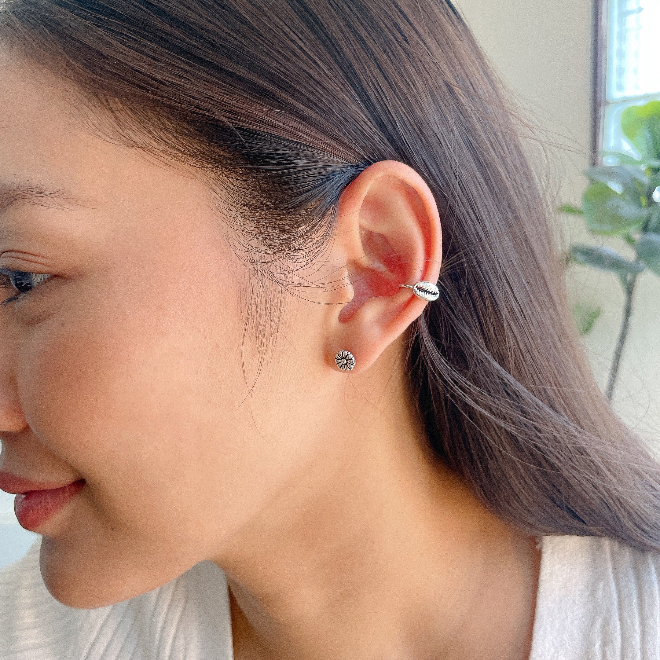Cowrie Shell Ear Cuff | Sterling Silver Shell Ear Clip | No
