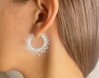 Sterlingzilveren geoxideerde etnische oorringen | Indiase hoepels | Boho-ringen | Zilveren sieraden | Zilveren oorringen | Cadeau-oorbellen | E851