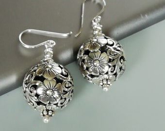 Filigree ball drop earrings | Indian earrings | Sterling silver ear dangler | Ball earrings | Silver jewelry | Silver Gift earrings | ELIS