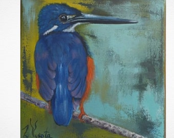 Kingfisher Painting Bird Original Art Small Oil Painting Canvas Blue Bird Wall Art Kingfisher Art 8" by 8" by ZinaPainting