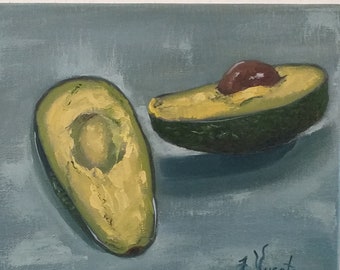 Avocado Painting Fruit Original Art Food Oil Painting Canvas Fruit Still Life Avocado Wall Art Food Artwork 7" by 9" by ZinaPainting