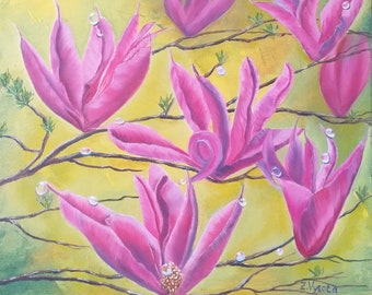 Magnolia Painting Blooming Tree Original Art Floral Oil Painting Canvas Magnolia Artwork 10" by 12" by ZinaPainting