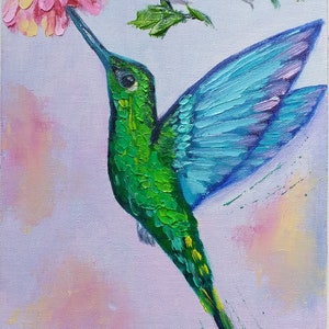 Hummingbird Painting Bird Original Art Small Oil Painting Canvas Impressionism Impasto Green Bird Artwork Flower Gift 8&quot;by6&quot; by ZinaPainting