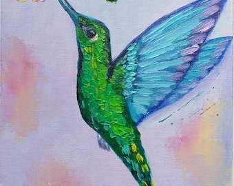 Hummingbird Painting Bird Original Art Small Oil Painting Canvas Impressionism Impasto Green Bird Artwork Flower Gift 8&quot;by6&quot; by ZinaPainting