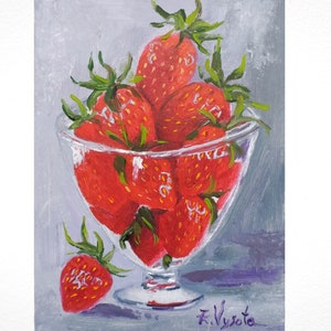 Strawberry Painting Fruit Original Art Small Oil Painting Red Berries Impasto Strawberry Wall Art Kitchen Gift Artwork 7&quot;by5&quot;by ZinaPainting
