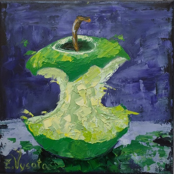 Noyau de pomme, peinture fruit, art original, nourriture, peinture à l'huile, toile, pomme verte, empâtement, 6 "x 6" par ZinaPainting