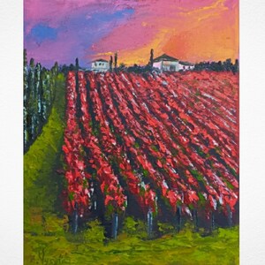 Vineyard Painting Sunset Tuscany Original Art Autumn Landscape Oil Painting Canvas Italy Impasto Vineyard Artwork 10" by 8" by ZinaPainting