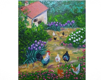 Chicken Painting Rooster Original Art Bird Oil Painting Canvas Hen and Chicken Impasto Artwork 12&quot; by 10&quot; by ZinaPainting