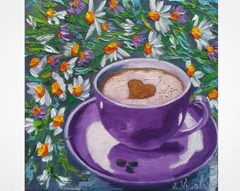 Cup Coffee Painting Daisy Original Art Montmartre Oil Painting Canvas Small Still Life Impasto Impressionism Artwork 8&quot; by8&quot; by ZinaPainting